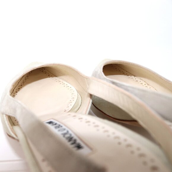 Manolo Blahnik 38 Golpeso Natural Linen & Suede Slingback Kitten Heel Mules - Picture 12 of 12